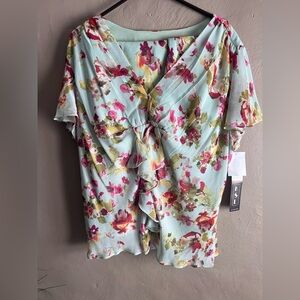 KSL Floral Ruffle Front Blouse and skirt- Mint with Pink & Yellow Flowers